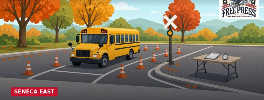 Fostoria News Yellow school bus on road with traffic cones and crossing sign in autumn setting.